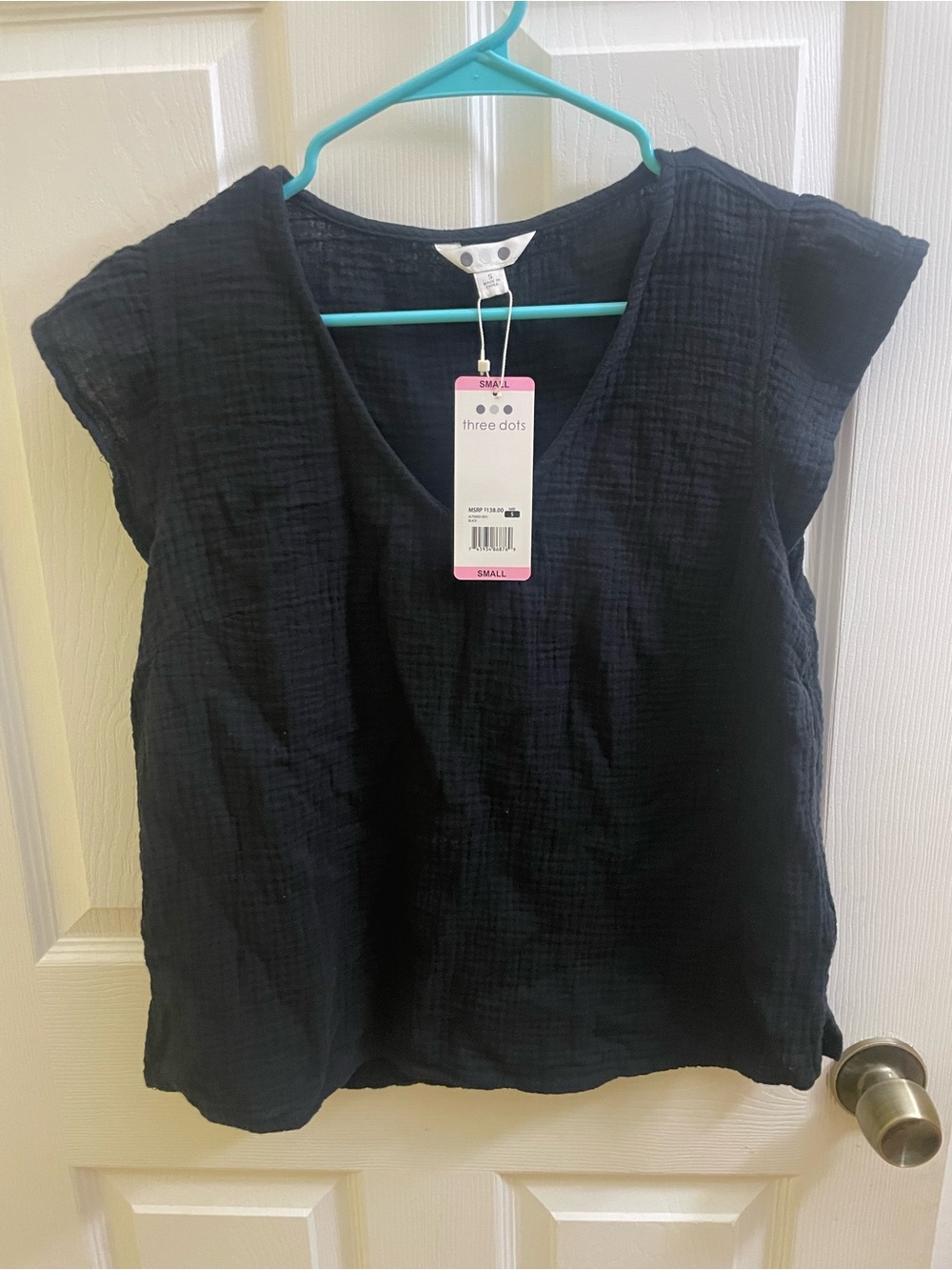 Three Dots Black V-Neck Cap Sleeve Tank Top